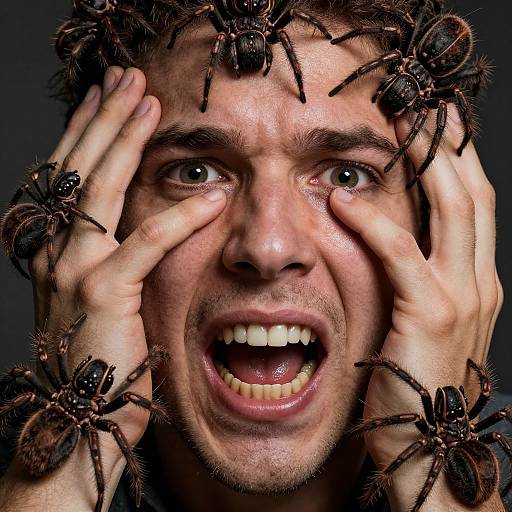 Photograph of a shocked, wide-eyed, open-mouthed man with short brown hair, hands covering his face, surrounded by numerous black spiders on a