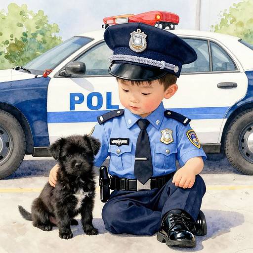 Boy in Police Uniform with Puppy
