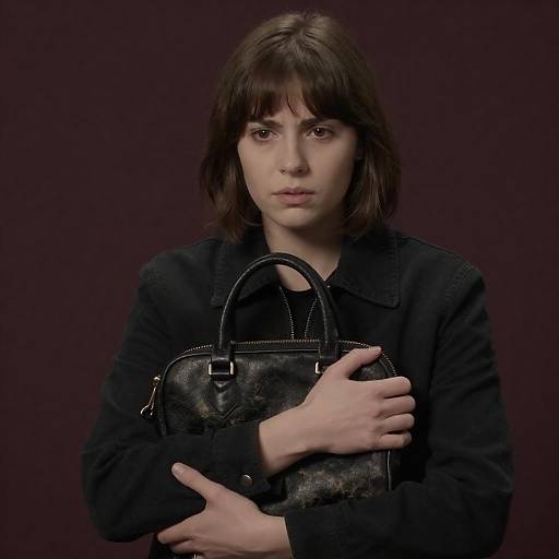 Young Woman with Handbag on Dark Carpet