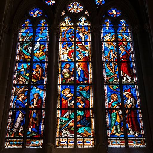 Vibrant stained glass window depicting biblical scenes with colorful figures, intricate designs, and detailed expressions, set in a Gothic-style church.