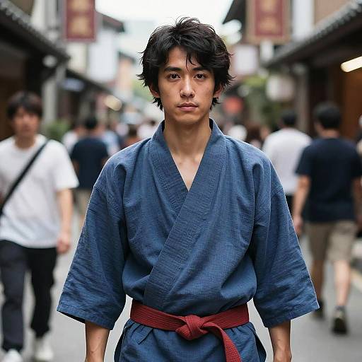 Man in Blue Shirt on Busy Street