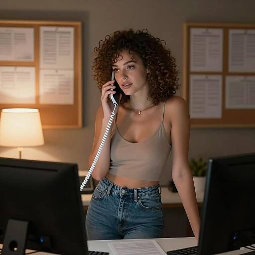 Dimly Lit Room with Engaged Woman