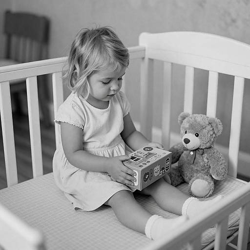 Young Girl in Crib with Toys