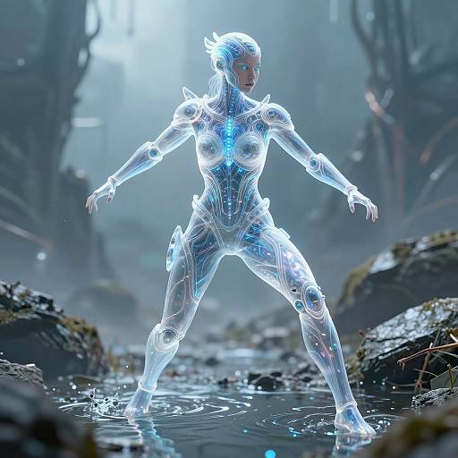 Digital CGI image of a glowing, blue, futuristic, humanoid female warrior standing in a misty, rocky stream, with ethereal light surrounding her.