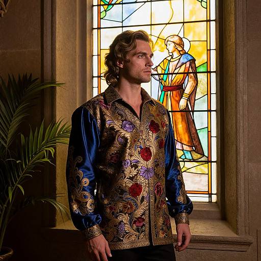 Photograph of a handsome man with wavy brown hair, wearing an ornate blue and gold floral-patterned shirt, standing in front of a colorful