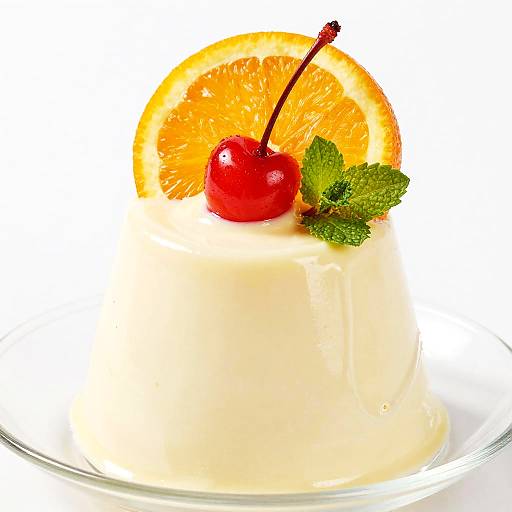 Photograph of a creamy white dessert topped with a vibrant orange slice, bright red cherry, and fresh green mint leaves on a clear glass plate.