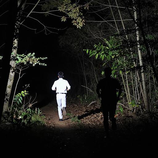 Two Men Running on Forest Trail at Night