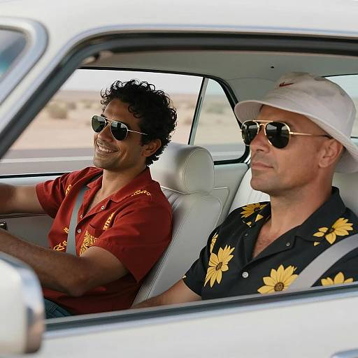 Two Men Driving Vintage Car in Desert