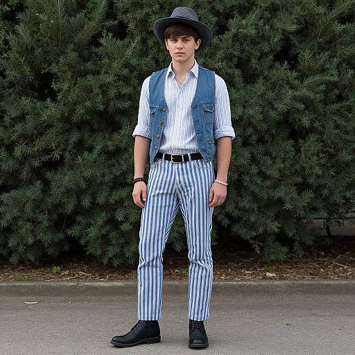 Young man in striped pants, blue vest, white shirt, black shoes, and black hat stands against dark green shrubbery. Photograph.