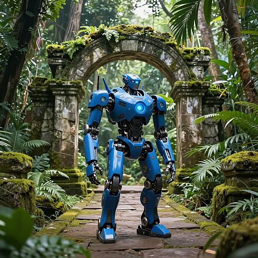 Futuristic Robot in Ancient Jungle Ruins