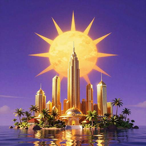 Radiant Amber Sun Over Futuristic Island