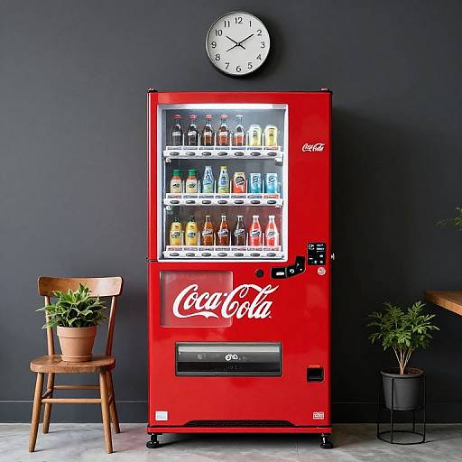 Photograph of a vibrant red Coca-Cola vending machine with illuminated shelves of beverages, set against a dark gray wall, flanked by wooden chairs and p