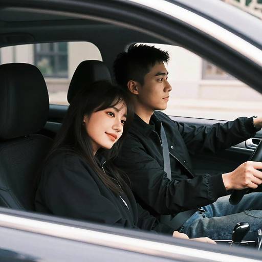 Photograph of an Asian couple sitting in a car, man driving, woman smiling, both wearing black clothing, daytime, city background.