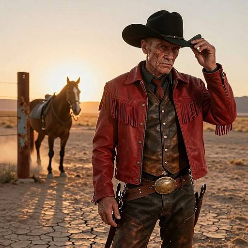 Photograph of an elderly, rugged cowboy in red fringed jacket, black hat, and leather gear, standing in a desert at sunset, with a