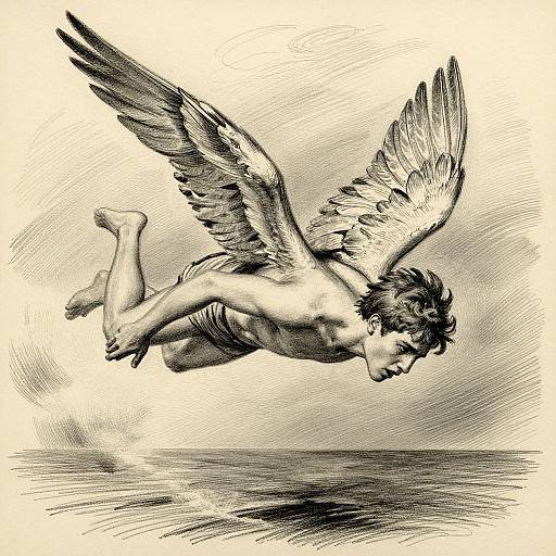 Ink drawing of a nude, winged, human-like figure with tousled hair, flying above a reflective surface, wings spread wide.