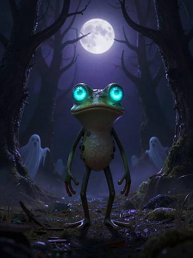 Digital artwork of a giant, glowing-eyed frog standing in a dark, eerie forest under a full moon, with ghostly figures in the background.