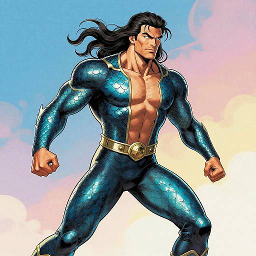 Digital drawing of a muscular, long-haired man with blue, scale-patterned suit, open chest, gold belt, fists clenched, against a soft
