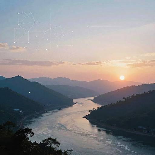 Photograph of a serene river valley at sunset, with silhouetted hills, a reflective river, and a pastel sky. Constellation lines