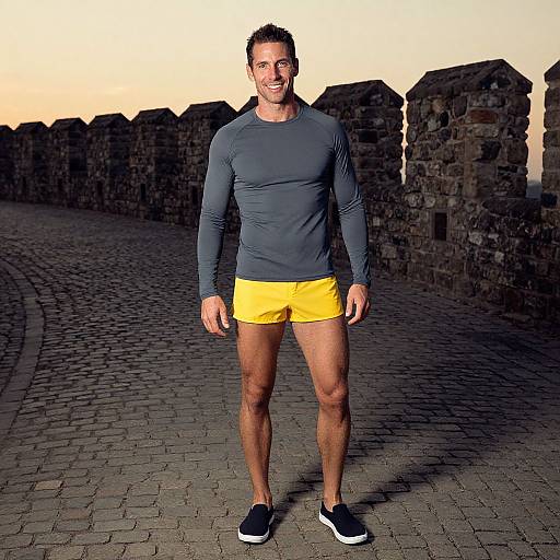 Photograph of a fit, smiling man with short dark hair, wearing a gray long-sleeve shirt, yellow shorts, and black sneakers, standing