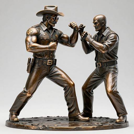 Bronze statue of two muscular, dressed-up men in a boxing stance, one wearing a cowboy hat, both with detailed uniforms.
