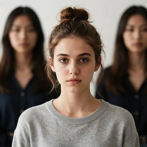 Young Woman with Neutral Expression in Gray Sweater