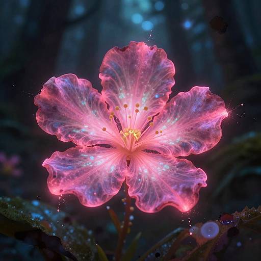 Bioluminescent Pink Flower in Magical Forest