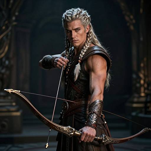 Photorealistic CGI of a muscular, silver-haired archer with braided hair, wearing dark, ornate armor, drawing a golden bow in a