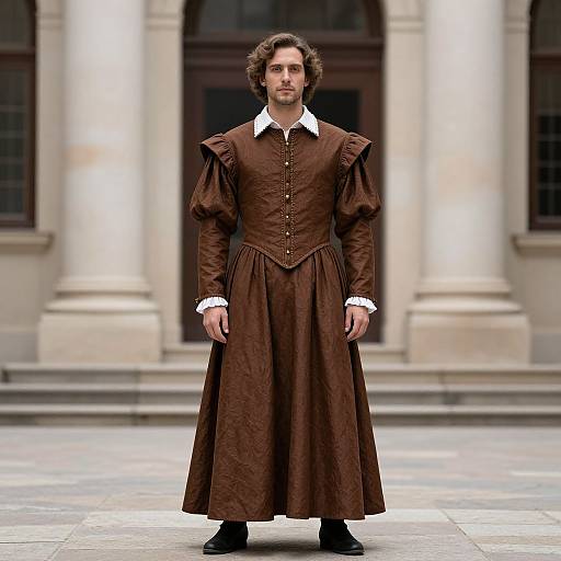Photograph of a man with curly brown hair and beard, wearing a brown, Victorian-style dress with white cuffs, standing in front of a classical building