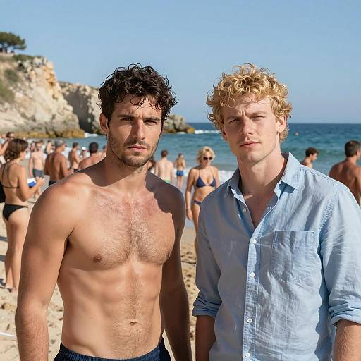 Men at a Crowded Beach Scene