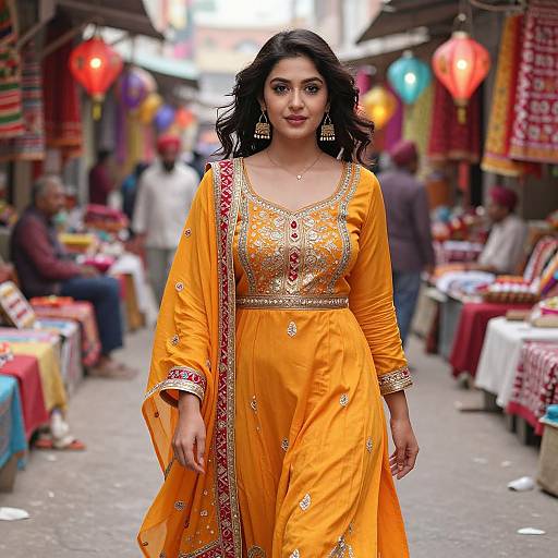 Photograph of a confident Indian woman in a vibrant orange traditional Punjabi kurti, adorned with gold embroidery and red accents, walking through a colorful