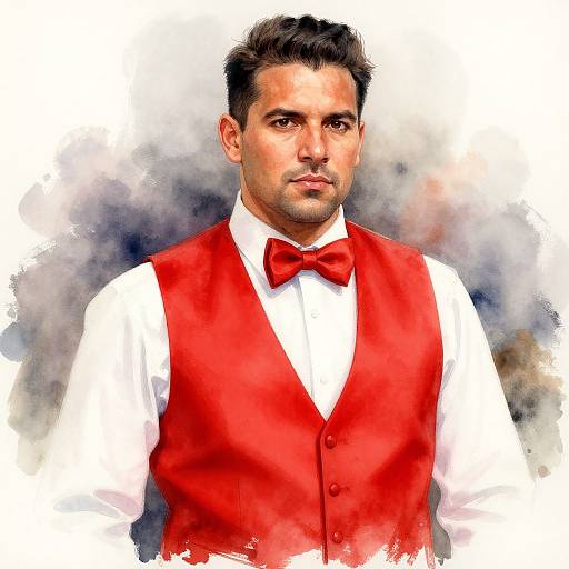 Digital painting of a handsome man with short dark hair, wearing a red vest, white shirt, and red bow tie, against a blurred gray and white