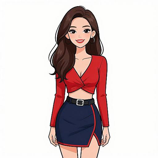 Digital illustration of a beautiful woman with long brown hair, wearing a red crop top and black skirt with red stripe, smiling confidently against a white background.