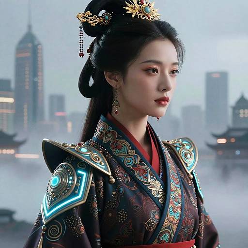 Digital artwork of an Asian woman with fair skin, wearing an elaborate traditional kimono with ornate, glowing shoulder armor, and intricate hair accessories, standing
