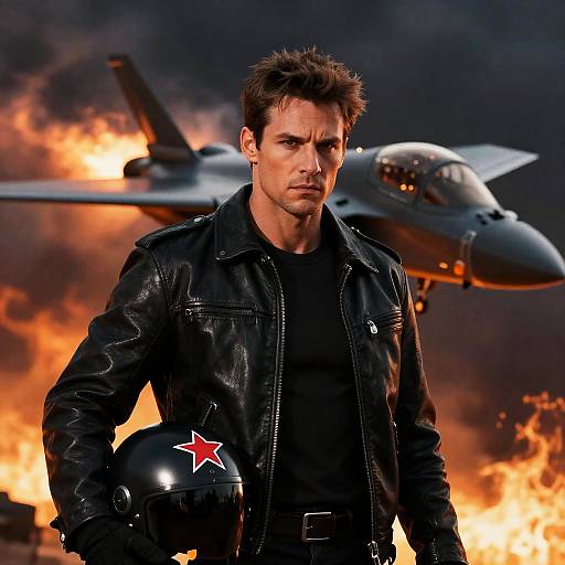 Intense Man with Fighter Jet Background