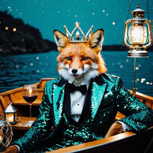 Fox in Sparkly Jacket and Crown on Boat