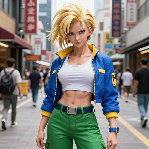 Digital art of a muscular, blonde anime woman with blue jacket, white crop top, green pants, standing confidently in a busy urban street.