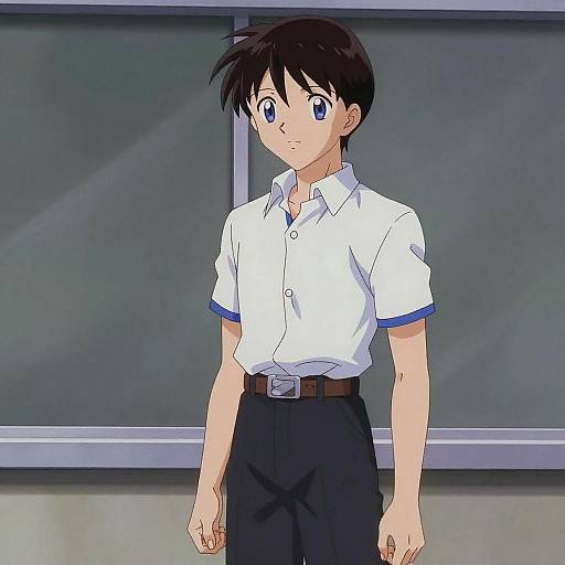 Anime-style drawing of a young boy with short black hair and blue eyes, wearing a white shirt, black pants, and a belt, standing in front