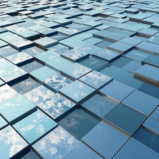 Photograph of a modern, reflective, blue-tinted glass tile wall with cloud and sky reflections, arranged in a geometric pattern.