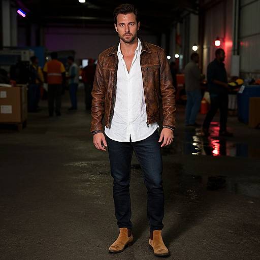 Photograph of a handsome man with short dark hair and beard, wearing a brown leather jacket, white button-up shirt, dark jeans, and tan suede