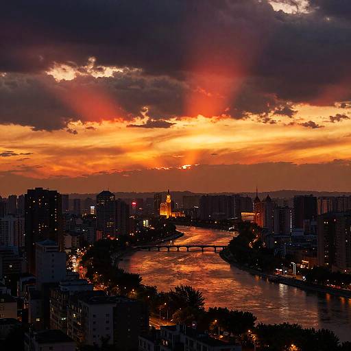 Dramatic Cityscape Sunset with Fiery Sky