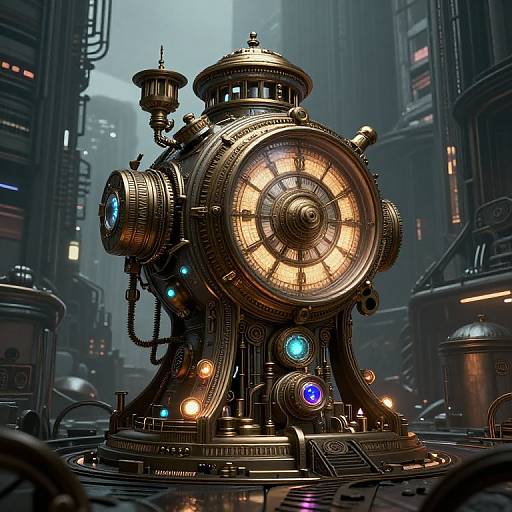 Steampunk Time Machine in Cyberpunk City