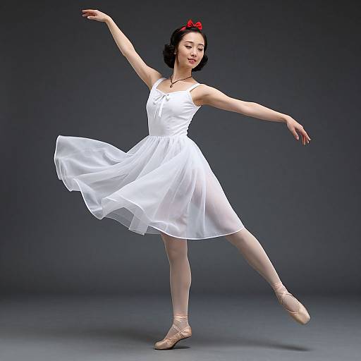 Photograph of a fair-skinned ballerina in a flowing white dress and pink ballet shoes, wearing a red bow in her black hair, gracefully