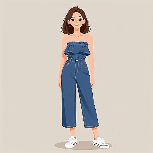 Digital illustration of a smiling woman with brown hair, wearing a blue off-shoulder top and high-waisted blue pants, white sneakers, standing