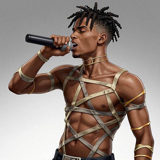 Digital illustration of a muscular, dark-skinned man with dreadlocks, wearing gold and beige strappy harness, singing into a microphone.