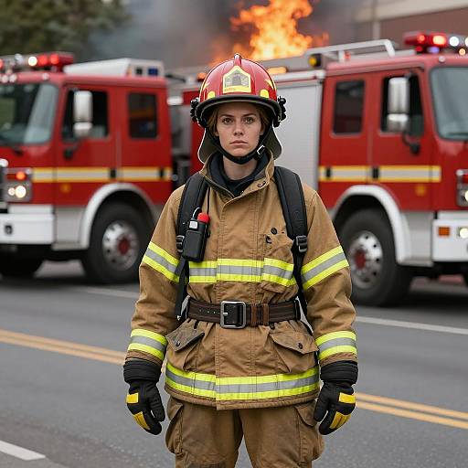 Female Firefighter Standing in Front of Fire Trucks