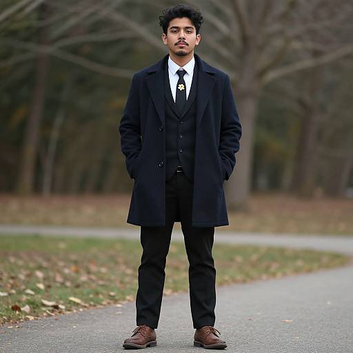 Photograph of a young man with dark curly hair and a mustache, wearing a black coat, suit, tie, and brown shoes, standing confidently