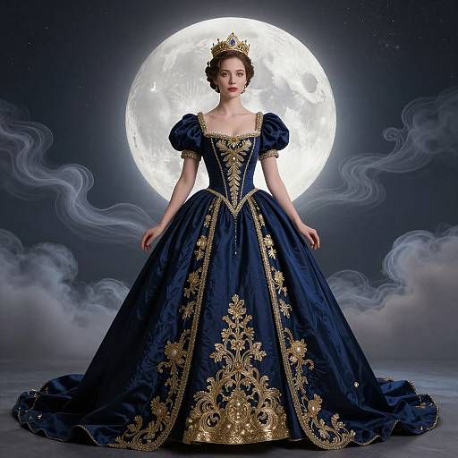 Photograph of a fair-skinned woman in a royal blue, gold-embroidered ball gown with puffed sleeves, crowned, standing before a