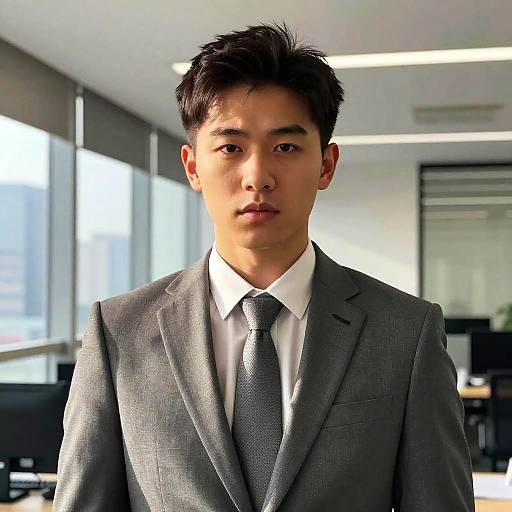 Photograph of an Asian man with short black hair, wearing a gray suit, white shirt, and gray tie, standing in a modern, brightly lit