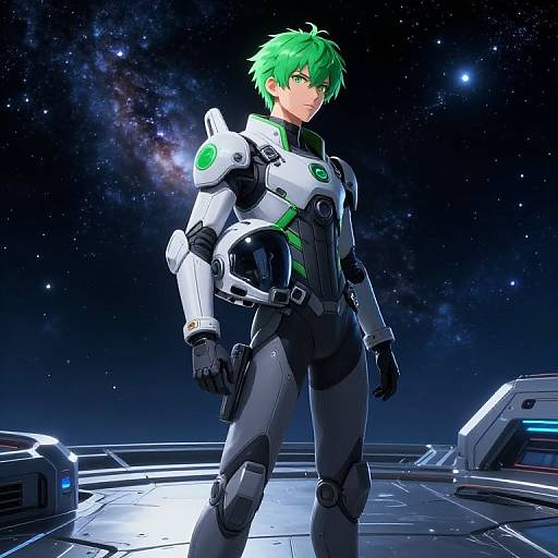 Digital anime-style artwork of a green-haired, male cyborg in a white and black futuristic armor, standing on a spaceship deck with a starry Milky