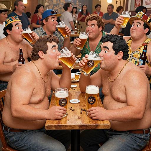 Photograph of six shirtless, muscular men with beer crowns, drinking beer at a wooden table, in a lively pub, surrounded by other patrons